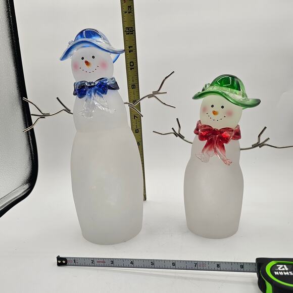 Christmas Snowman Figurines Frosted Glass Acrylic Set Blue Green Red Hats Retro - Picture 8 of 8